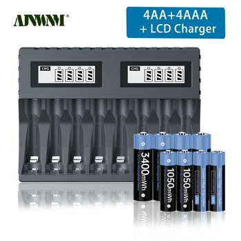 AJNWNM 1,5 ААА Батерия 1050 МВтч и AA от 1,5 Акумулаторна Батерия 3400 МВтч с LCD зарядно устройство за 1,5 литиево-йонна батерия AAA AA