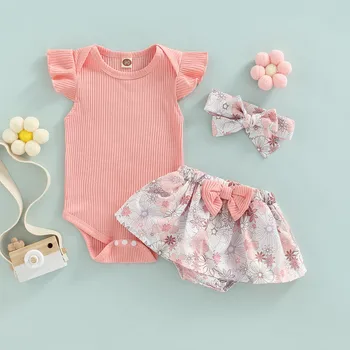 Лятна Къса дрехи за малките момичета 2023, однотонное боди с летящими ръкави, къси Панталони с цветен модел и леопард, Комплекти с лък за новородени бебета от 0 до 24 месеца