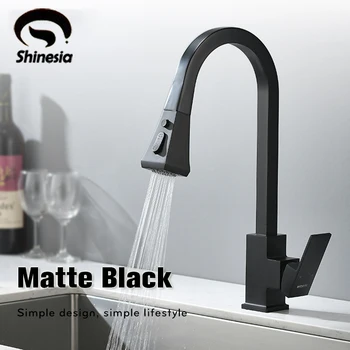 Shinesia Матово черно с кухненски смесител с прибиращ се дюза-спрей за Лесен въртящи се на 360 градуса батерия за мивка с топла и студена вода