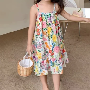 Детски дрехи Лятно корейска рокля на подтяжках за момичета с цветя, малка прясна широки дрехи, дрехи за почивка на море, ежедневно облекло от 3 до 7 години
