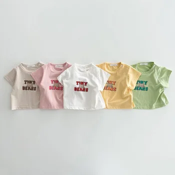 2023 Лято корейски тениска за новородени момичета, памук пуловер с къс ръкав и писмото принтом, тънки тениски за малки момичета, върховете на малки момичета
