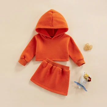 0-5 години, 2 броя, пролетно-есенен спортен костюм за момичета, однотонная orange hoody с качулка и дълъг ръкав + пола с еластична гумена лента за кръста, костюми за момичета