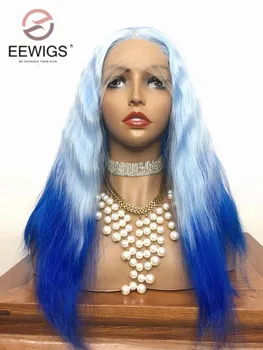 Cosplay Синтетичен светло синьо омбре Тъмно Синьо 13x4 Прозрачен перука на дантели без подплата, Дневни висококачествени перуки без лепило за жени