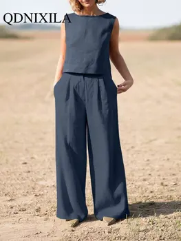 Новите Комплекти са в тон, летни обикновена реколта блузи без ръкави, Широки панталони, комплект от две части, дамски дрехи, 2023 Комплект панталон
