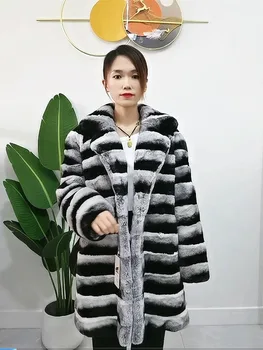 палто от естествена вълна заек Рекс от чинчила, естествена кожа със средна дължина, дамски дрехи, 2023, зимата на топло