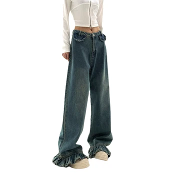 Дамски обикновена джинси, модни свободни дънкови панталони, пролет-есен, ежедневни панталони с джобове по дъното с къдри
