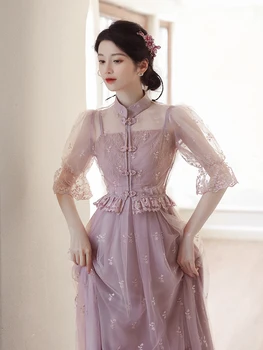 Китайски стил, костюм от 2 теми, лилава рокля с дантелено бродерия върху подтяжках, страхотна рокля и риза с катарама на яката-багажник, по женски тънък украшение, Рокля Femme
