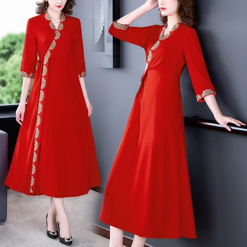 Секси червена рокля Макси с емблемата на Emboridery в китайски стил, пролет-лято, корейски реколта обикновена рокля midi 2023, елегантен монтиране вечерен халат