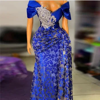 Реколта дантелени рокли Aso Ebi за бала, по-големи размери, Нигерийски африкански официална вечерна рокля, кралско синя рокля с открити рамене, дълги вечерни рокли