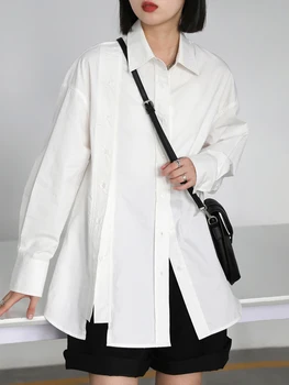 SuperAen, Нерегулярная Двубортная Бяла риза, Женски корейски дизайн, Пролетно-есенни Ежедневните Свободни Ризи с дълги ръкави и ревера