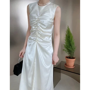 2022 Годишен женски сарафан без ръкави с гофрировкой, черно на Бяло дамско елегантно атласное дълга рокля