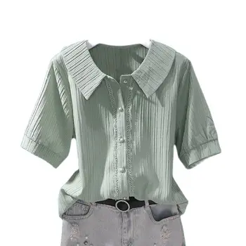 Лятна Новата Модерна риза 2023, Дамски шифоновая риза с къси ръкави, Однотонная дамски Ежедневни проста Дива Къса блуза, дамски Блузи