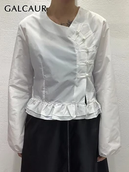 GALCAUR Корея къса риза, Жена през цялата силует, дълъг ръкав, Однобортная однотонная блуза с неправилна форма, Дамски модни дрехи 2023, Новост