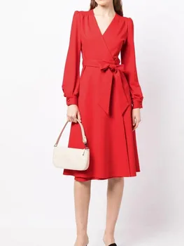 Пролетта елегантна рокля 2023, женски дебнещ рокля с V-образно деколте и буйни дълги ръкави, однотонное черно-червена Рокля С Колан