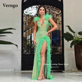 Verngo Блестящиесветло-зелени рокли на Русалка с пайети за бала, с дълги вечерни рокли с дълбоко V-образно деколте и цепка, Дубай, Жените 2023, вечерни рокли