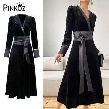 Pinkoz женски стилен дизайнерски кадифена черна лък дантела-нагоре, v-образно деколте, дълъг ръкав, есен-зима, офис дамски дълги рокли, ретро ядрото