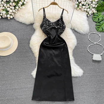 Черно Секси вечерна рокля-комбинация за жените, новост лятото 2023, елегантен шик рокли на подтяжках без ръкави с V-образно деколте и пайети, тънки рокли трапецовидна форма на подтяжках