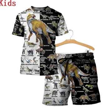 Тениски и къси панталони с 3D принтом динозавър, забавен детски костюми за момчета и момичета, летен костюм с къс ръкав, детски дрехи 8