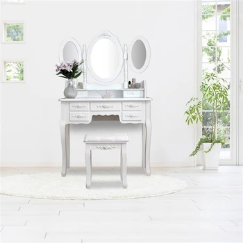 Сгъваема 3-те огледален шкаф с 7 чекмеджета Бял на цвят, Мебели за спалня
