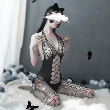 Ажурная черна пижама за тялото, горещи секси бельо, отворени плюшени слипы, порно Интимно сетчатое боди, чорапи за тялото, порно нощница
