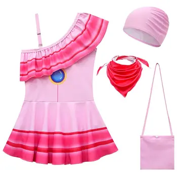 2023 Нов Cossky Детски костюм принцеса Праскова за cosplay, пола с диагонални рамене за момичета, рокли-бански костюми за Хелоуин, кралят костюм