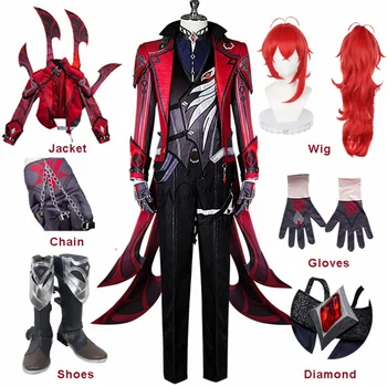 Играта Genshin Impact Diluc Red Dead Of Night Cosplay костюм, Перука, обувки аниме Genshin Diluc Cosplay облекло на Нова кожа