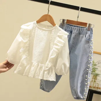 Комплекти дрехи за момичета 2023, новата есенно-пролетно лейси риза с дълги ръкави, отгоре и дънкови панталони, дънки, детски дрехи, 2 предмета от 3 до 7 години