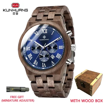 Нови мъжки часовник KUNHUANG Многофункционален кварцов механизъм дървени часовници от естествен орех светещите стрелки Relógio masculino