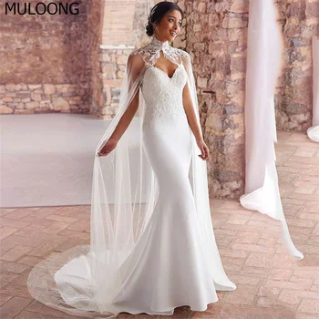MULOONG, бяла сватбена рокля-русалка с кружевными апликации и бретельками без ръкави, с дължина до пода рокля с влак