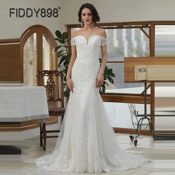 FIDDY898 Елегантни сватбени рокли на Русалка на поръчка, дантелено сватбена рокля с открити рамене голям размер, и рокля на булката за жени QW01116