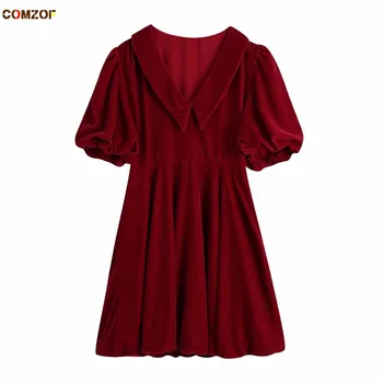 Ново записване, женски кадифена рокля с къс ръкав и V-образно деколте 2022, пролет-лято, реколта велур дрехи, с Червена рокля Vestidos Elegantes