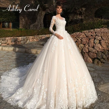 Сватбена рокля Трапецовидна Форма Ашли Carol 2022 с Дълъг ръкав и 3D Цветя, Романтични Апликации, Сватбената Рокля на Принцеса Дантела, Vestido De Noiva
