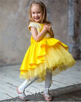 Жълто атласное рокля с цветя модел от тюл за момичета, рокли за партита в чест на рождения ден на малки момичета, пищната пола, рокля на принцеса, фотография