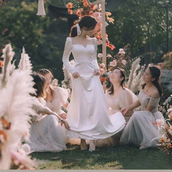 Сватбена рокля, картина за пътуване, сватбена рокля, есенно-зимно бяло атласное сватбена рокля с дълги ръкави