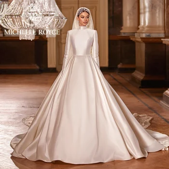 Бална рокля Мишел Ройс, сватбената рокля 2022, Елегантна атласное рокля с висока воротом и дълъг ръкав, класически мюсюлманската сватбена рокля Vestidos De Новия
