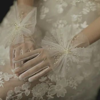Сватбени къси ръкавици за младоженци с окото на пълен пръст, обещаващ лък от мъниста с дължина до китката, костюм за бала, вечерни ръкавици за елегантни жени 2021