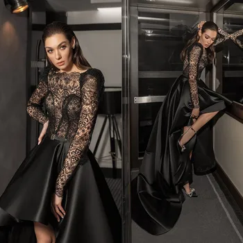 Черни вечерни рокли с високо дъното, просвечивающий Секси Дантелен Топ, Рокля за Абитуриентски бал с дълги ръкави, модерно vestido de новия