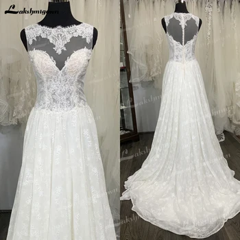 Красива сватбена рокля трапецовидна форма-Boho Чисто, без мъниста, без ръкави, сватбена рокля с дължина до пода, сватбената рокля на поръчка