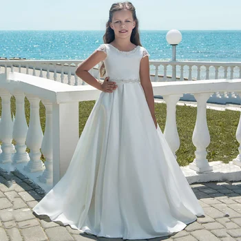 Рокля с цветя модел за момичета, бели сатенени дантелени апликации с лък и опашка, къс ръкав за сватба, банкет, рожден ден, рокля на принцеса