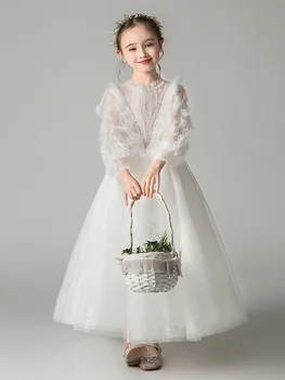 Бебешка рокля, рокля на принцеса, рокля с цветя модел за момичета, бяло пушистое рокля с дълги ръкави, празничен костюм за момиче рожден ден, благородни, шоу-костюми