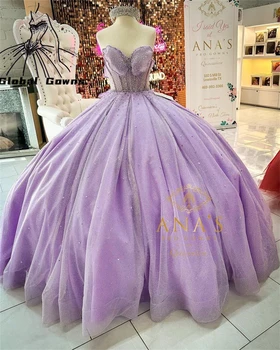 Очарователно лилава бална рокля във формата на сърце, пищни дрехи за момичета, расшитое мъниста, рокли за парти за рожден ден, абитуриентски рокли с лък, Vestido De 15 Anos