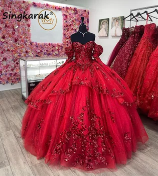 Блестящо червено бална рокля на принцеса, Буйни Рокли 2023 С Две ръкав, Апликация от пайети, Сладка Рокля 15-16, Корсетное рокля