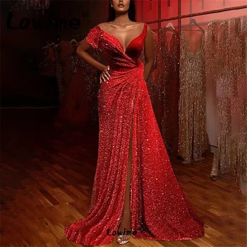Червена вечерна рокля с мъниста, 2023, дълги рокли за абитуриентски бал с висока цепка, халати, арабски дамски рокли за подиум известни личности, вечерна рокля по поръчка