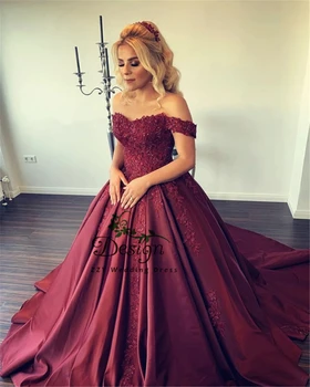 2019 Висококачествено бална рокля вино-червено, с апликации, буйни рокля с открити рамене, апликации, струята, сладки 16 рокли