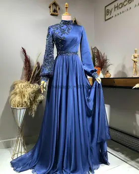 Кралско синьо елегантна мюсюлманската жена вечерна рокля, вечерни мъниста, Дубай, арабските вечерни рокли за абитуриентски бал с дълъг ръкав
