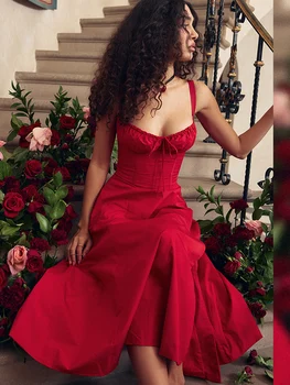 Елегантни рокли за абитуриентски бал, в градината на тънки спагети презрамки с шнур, червено дамско празнична рокля с цепка отстрани и цветисти принтом, вечерна рокля 2023