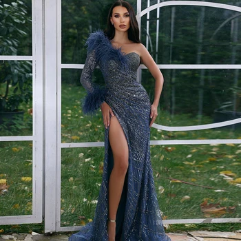 Шарън Каза, луксозна вечерна рокля Русалка със сини пера от Дубай, секси рокля с висока цепка на едно рамо за абитуриентски бал за жените, сватбена SS229