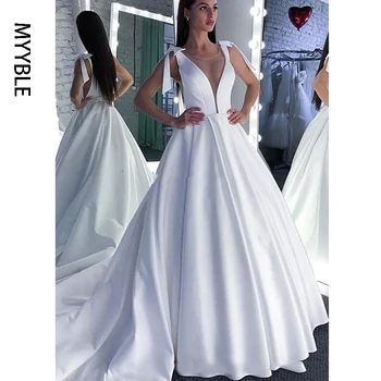 MYYBLE Сватбена рокля 2023, дантелено трапециевидное елегантна атласное дълго винтажное сватбена рокля на принцеса, сексуална сватбена рокля по поръчка