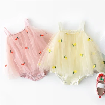 Мрежести рокли-комбинация за малки Момичета, летен гащеризон с анимационни бродерии на плодове за новородено, памучен детски дрехи без ръкави