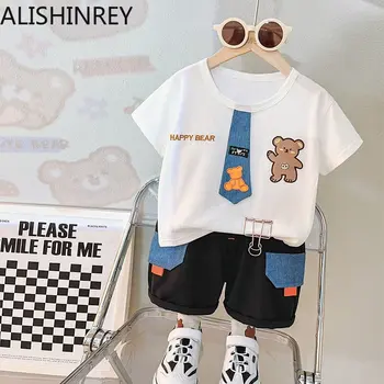 Комплекти летни дрехи за момчета ALISHINREY, декорация във формата на фалшиви чанти, Нов стил, модни детски костюми, памук материал, костюм за бебета